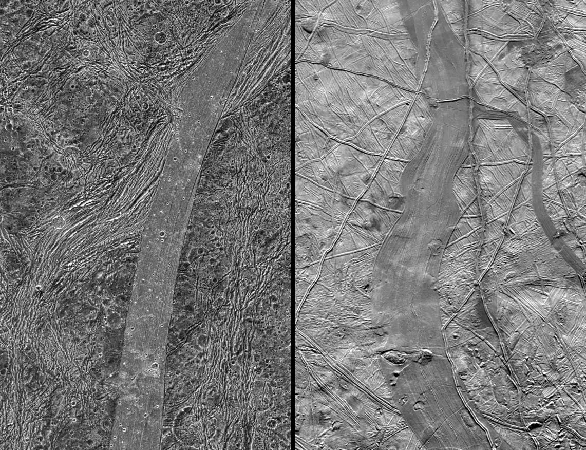 Bands on Europa and bands on Ganymede